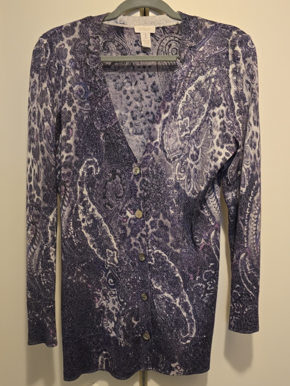 Chico's Women's Purple Paisley Button-Front Cardigan